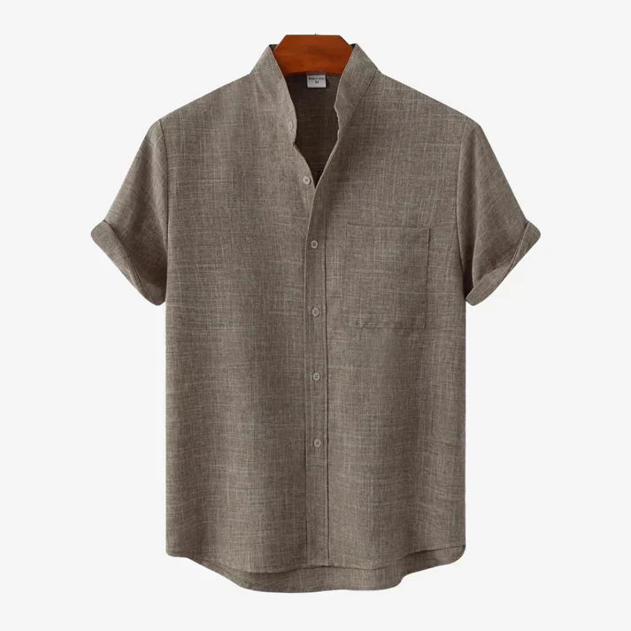 Men's Short Sleeve Collarless Button Up Shirt Linen Blend