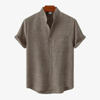 Men's Short Sleeve Collarless Button Up Shirt Linen Blend