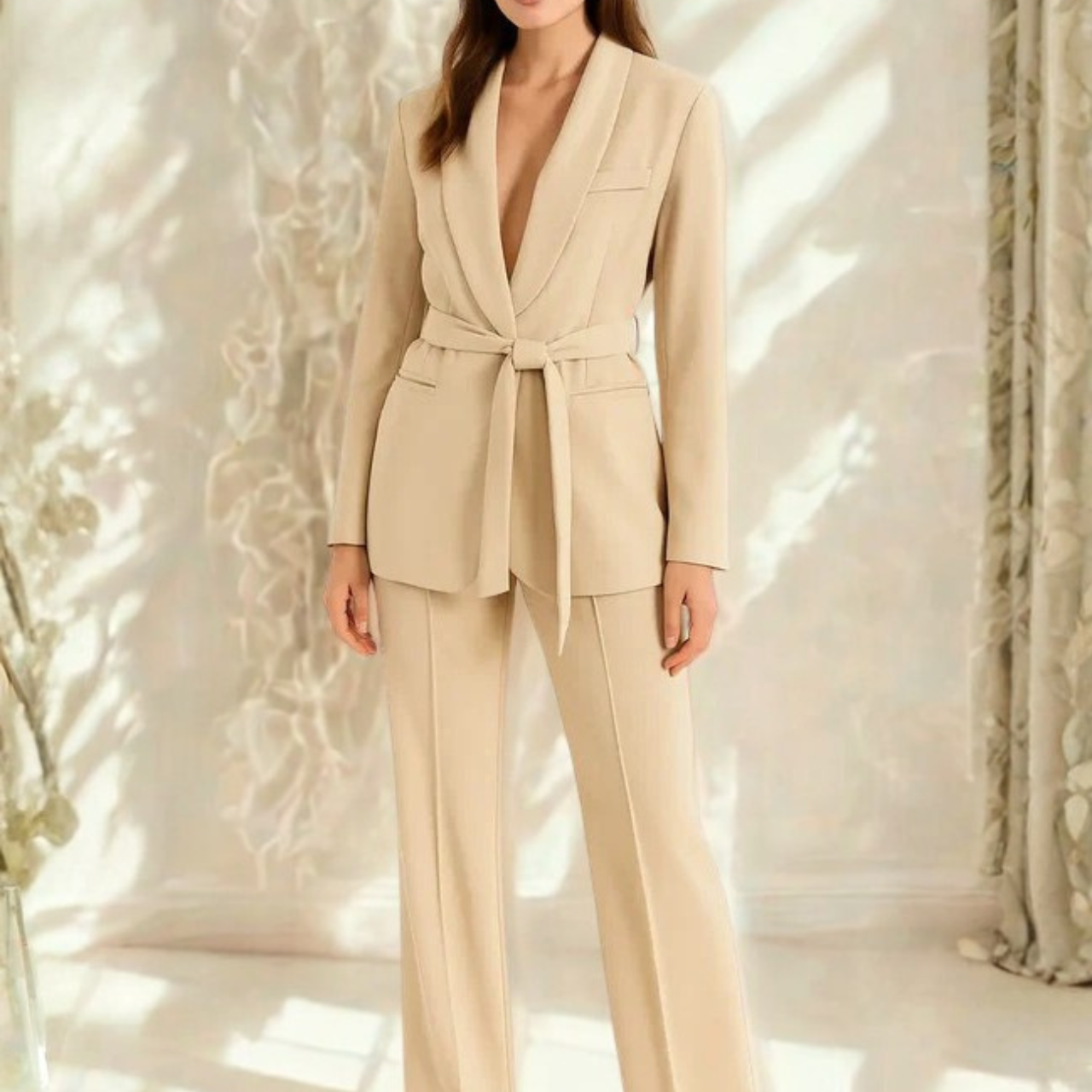 Women’s Blazer and Wide Leg Trousers Suit Set with Tie Waist