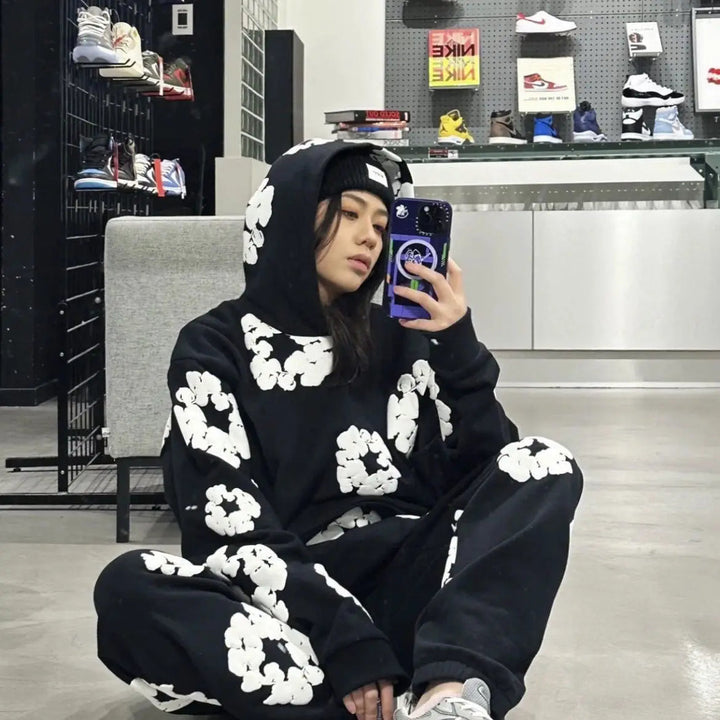 Printed Denim Tracksuit Set for Men and Women Casual Streetwear