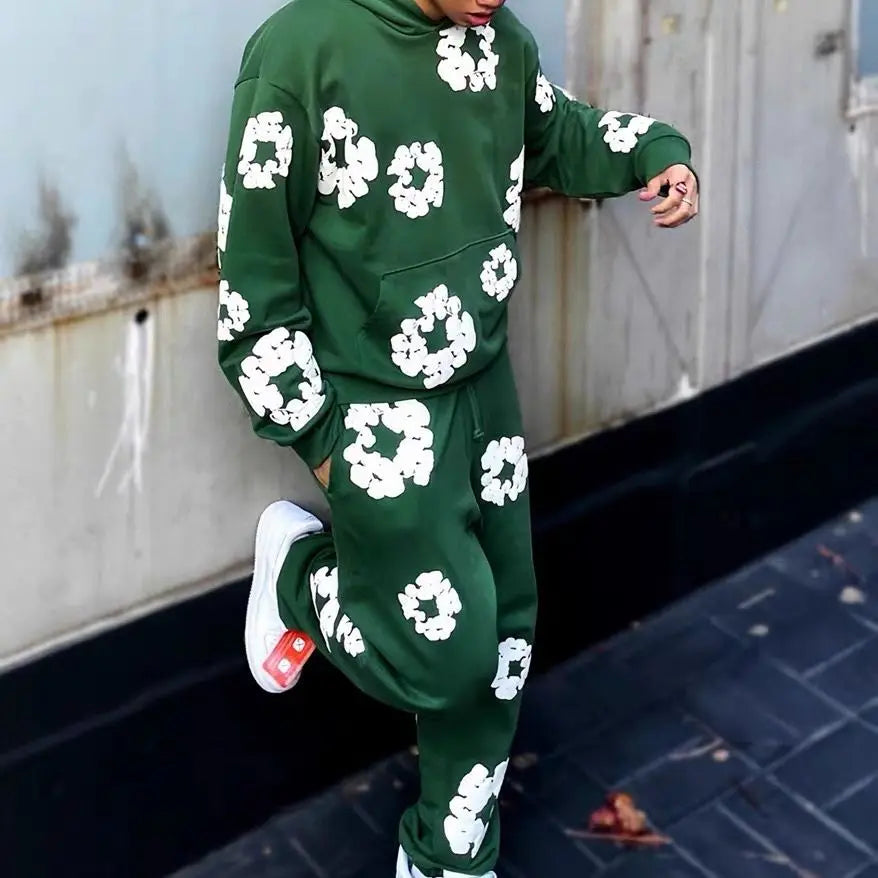Printed Denim Tracksuit Set for Men and Women Casual Streetwear