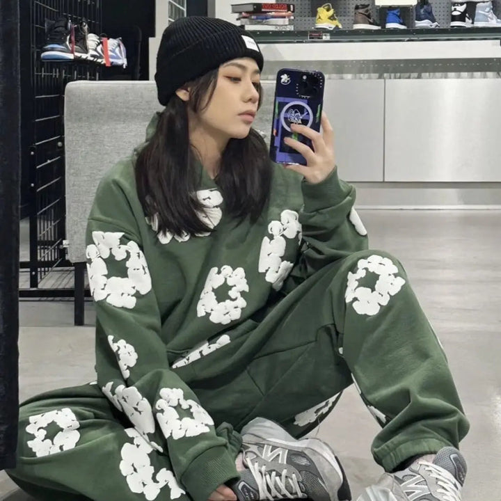 Printed Denim Tracksuit Set for Men and Women Casual Streetwear