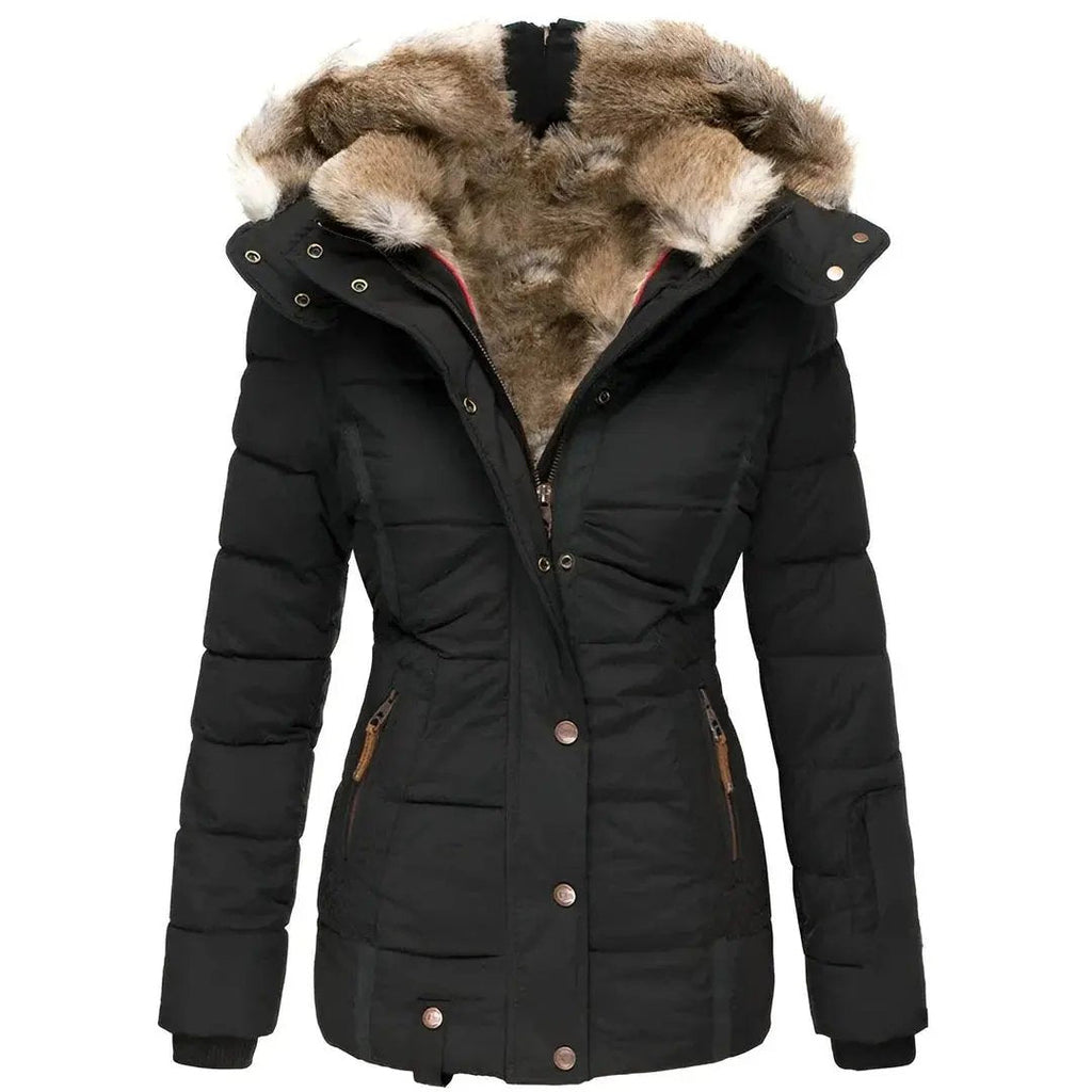 Women’s Hooded Puffer Jacket Quilted Winter Coat with Fur Lining
