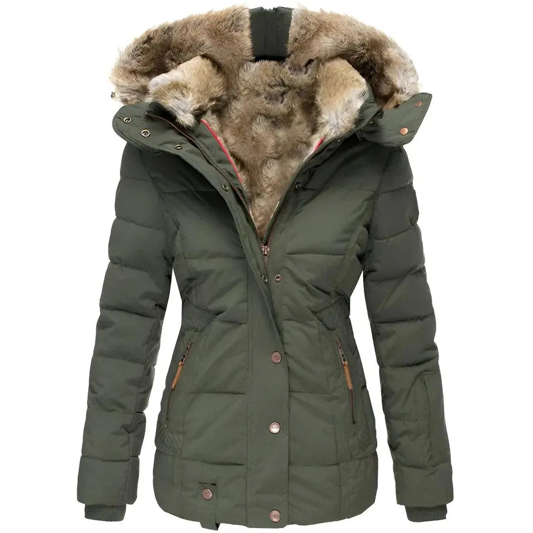 Women’s Hooded Puffer Jacket Quilted Winter Coat with Fur Lining