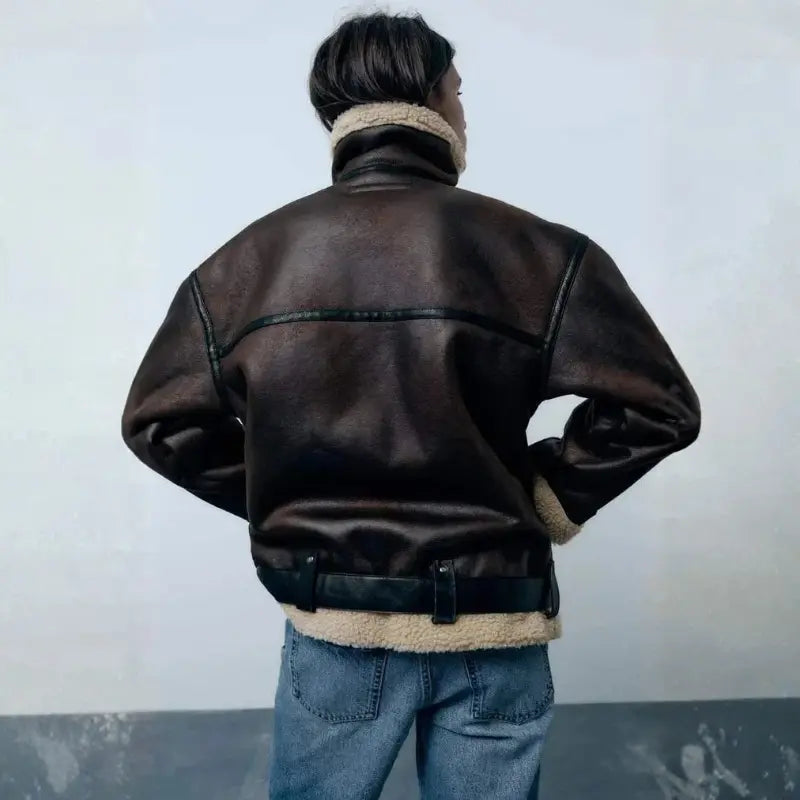 Women’s Aviator Jacket Faux Leather Shearling Lined Zip-Up Coat