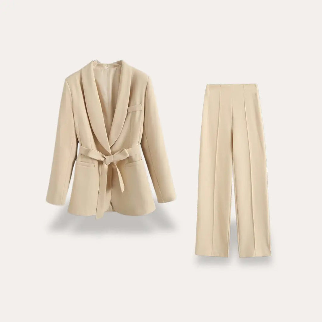Women’s Blazer and Wide Leg Trousers Suit Set with Tie Waist