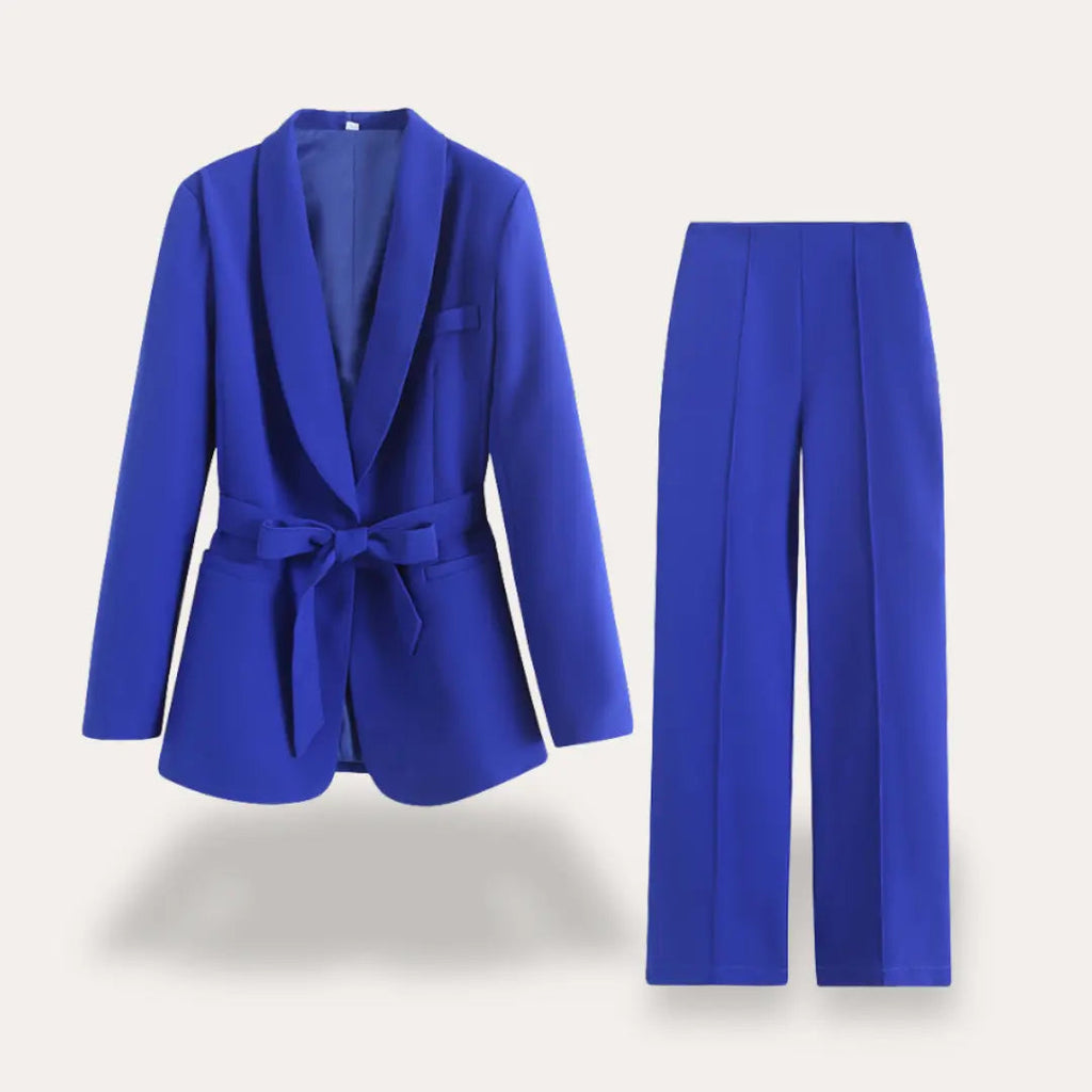 Women’s Blazer and Wide Leg Trousers Suit Set with Tie Waist
