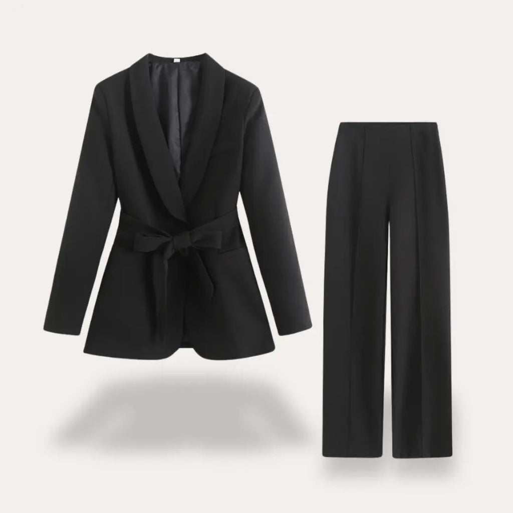 Women’s Blazer and Wide Leg Trousers Suit Set with Tie Waist