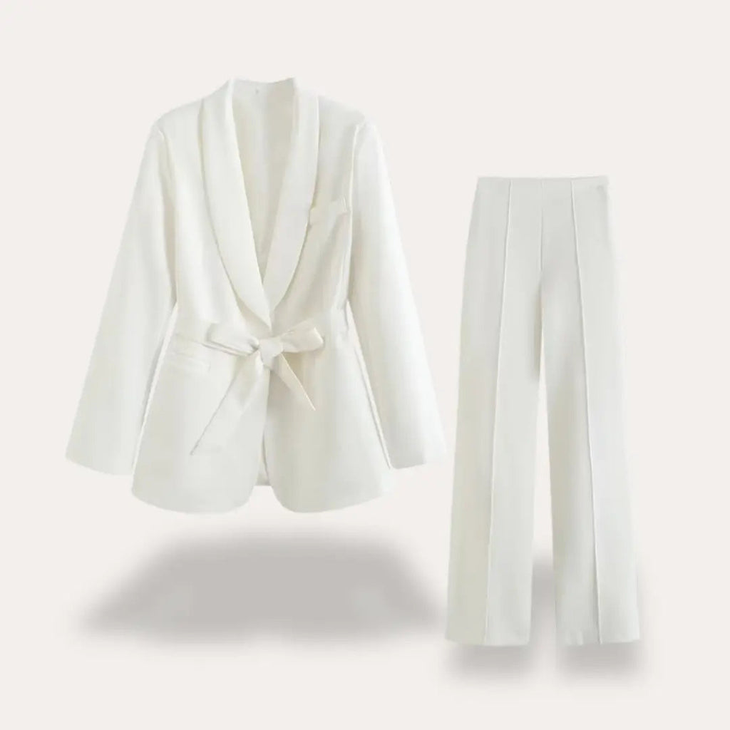 Women’s Blazer and Wide Leg Trousers Suit Set with Tie Waist