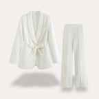 Women’s Blazer and Wide Leg Trousers Suit Set with Tie Waist