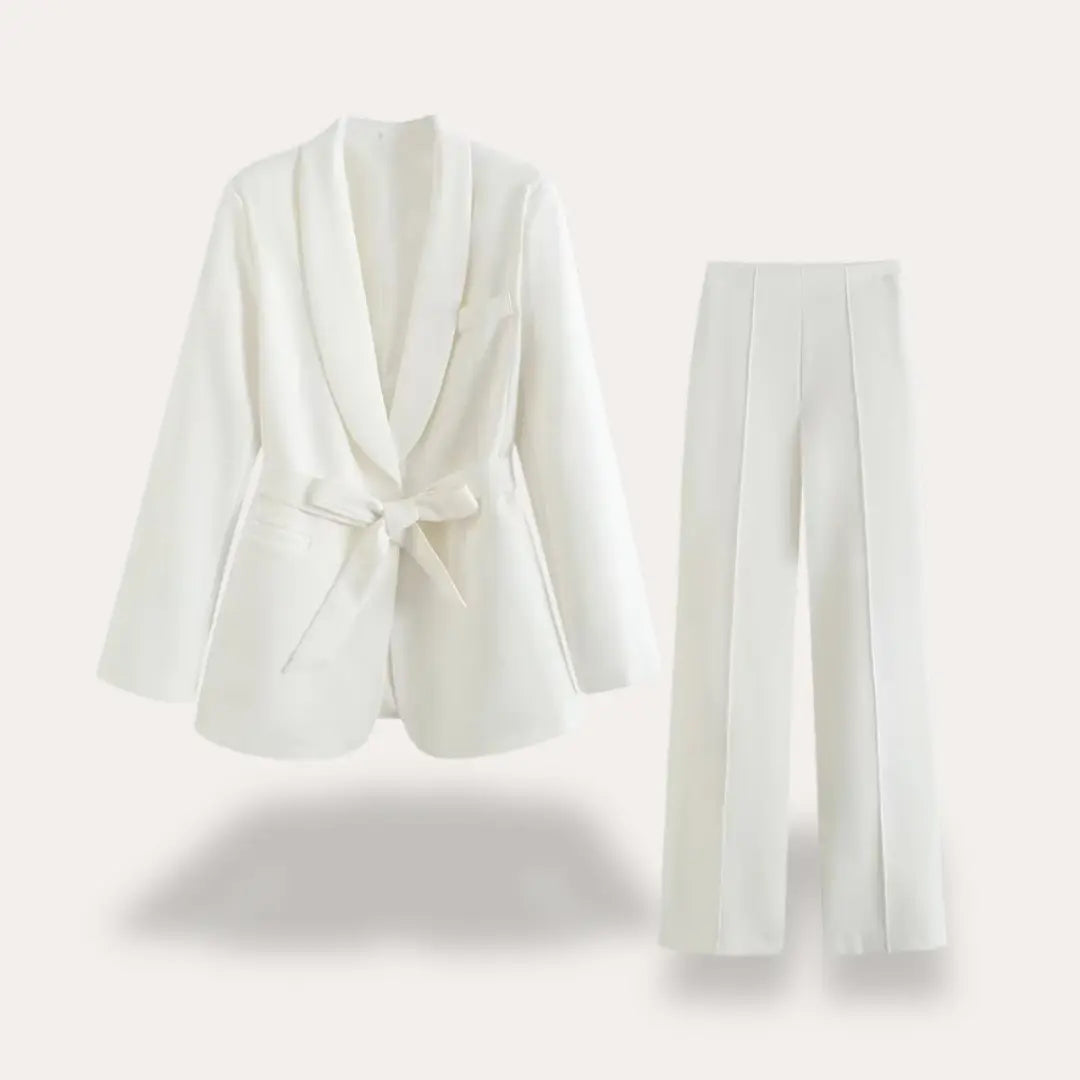 Women’s Blazer and Wide Leg Trousers Suit Set with Tie Waist