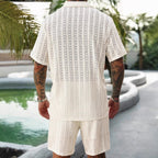 Men's Crochet Knit Shirt and Shorts Set - Breathable Summer Two-Piece Outfit