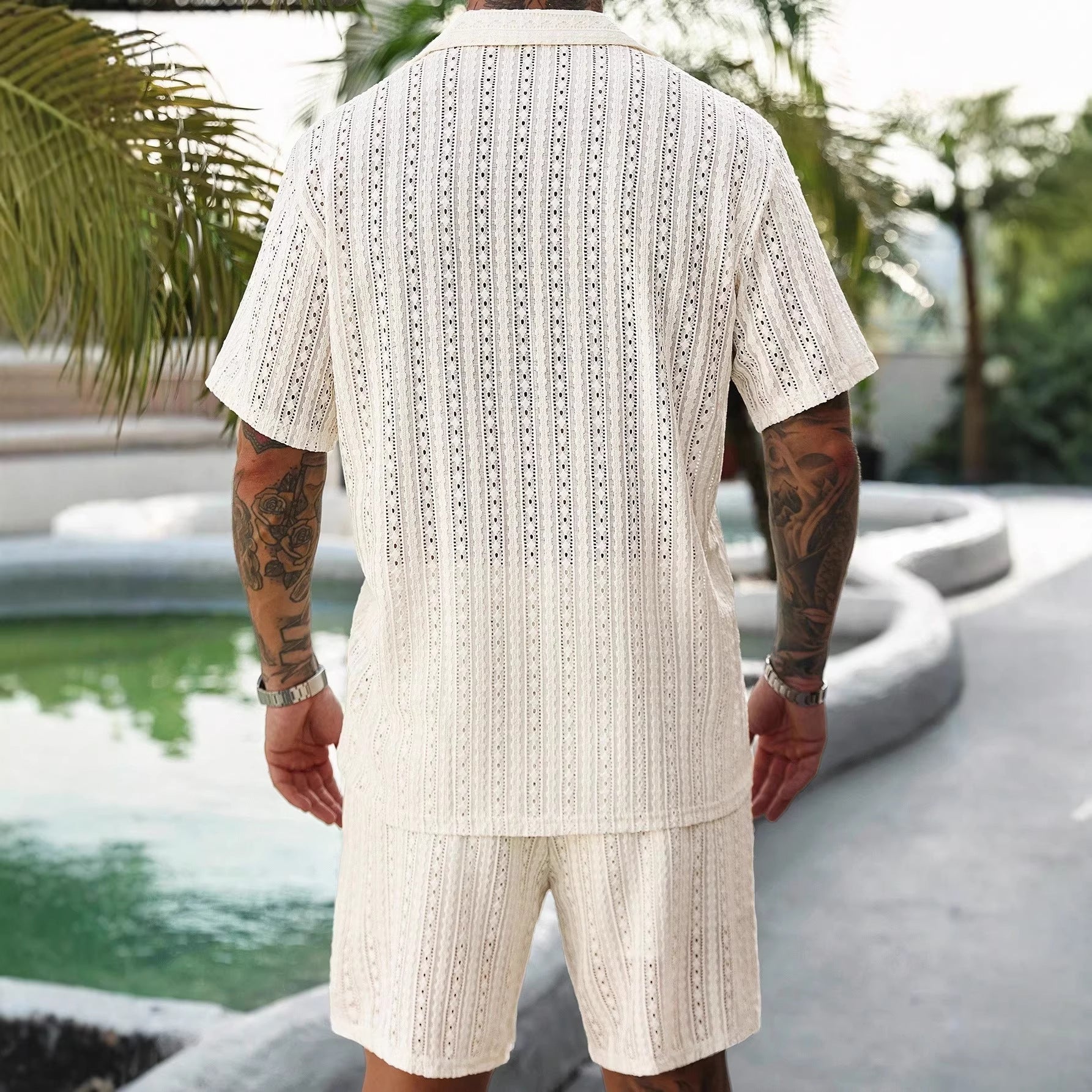 Men's Crochet Knit Shirt and Shorts Set - Breathable Summer Two-Piece Outfit