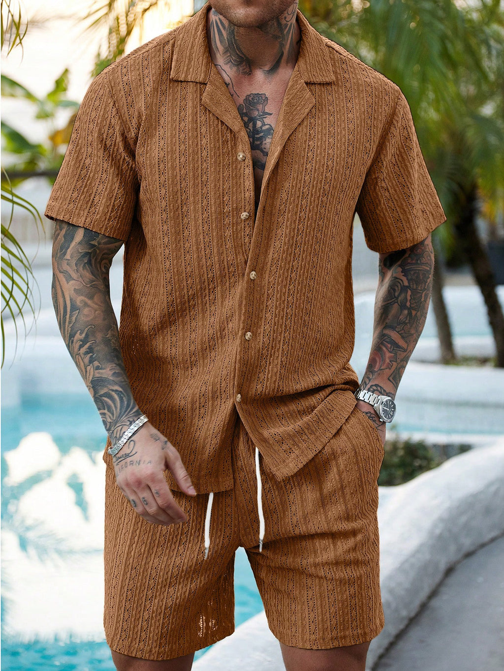 Men's Crochet Knit Shirt and Shorts Set - Breathable Summer Two-Piece Outfit