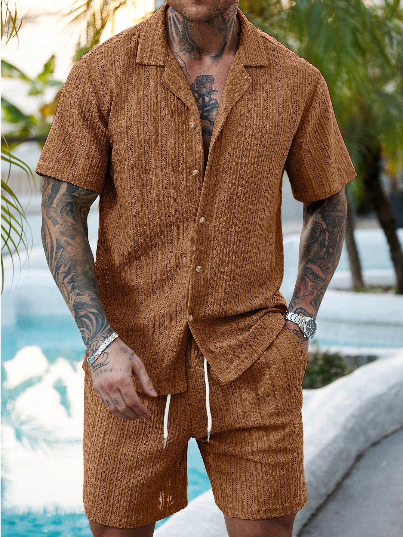 Men's Crochet Knit Shirt and Shorts Set - Breathable Summer Two-Piece Outfit
