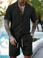 Men's Crochet Knit Shirt and Shorts Set - Breathable Summer Two-Piece Outfit