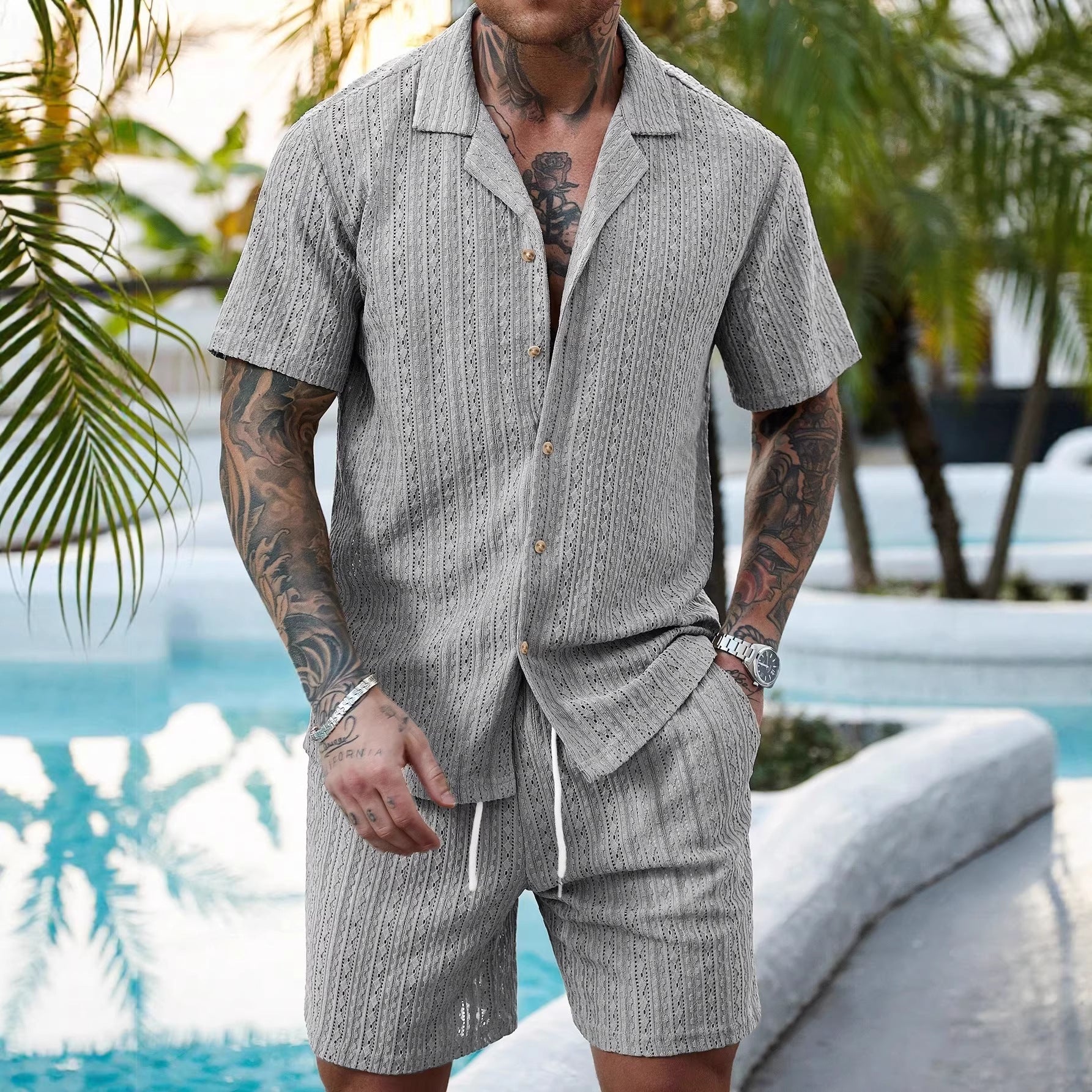 Men's Crochet Knit Shirt and Shorts Set - Breathable Summer Two-Piece Outfit