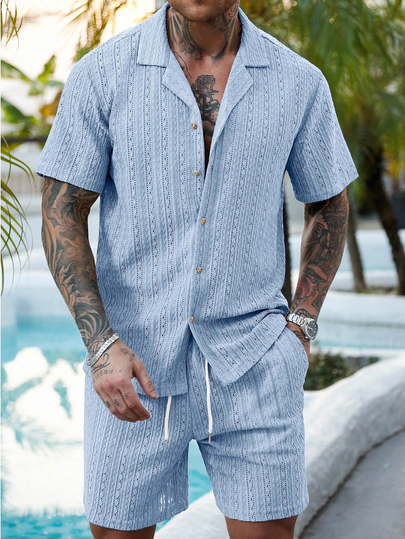 Men's Crochet Knit Shirt and Shorts Set - Breathable Summer Two-Piece Outfit