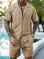 Men's Crochet Knit Shirt and Shorts Set - Breathable Summer Two-Piece Outfit