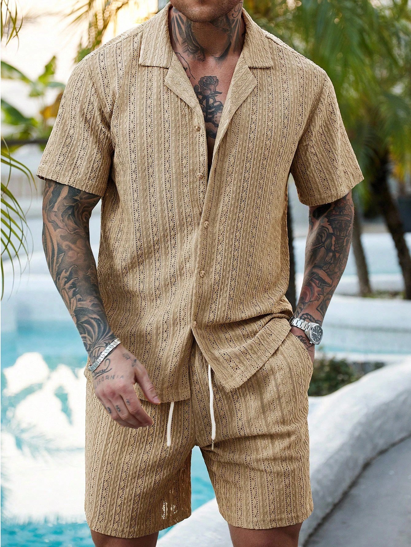 Men's Crochet Knit Shirt and Shorts Set - Breathable Summer Two-Piece Outfit