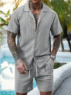 Men's Crochet Knit Shirt and Shorts Set - Breathable Summer Two-Piece Outfit