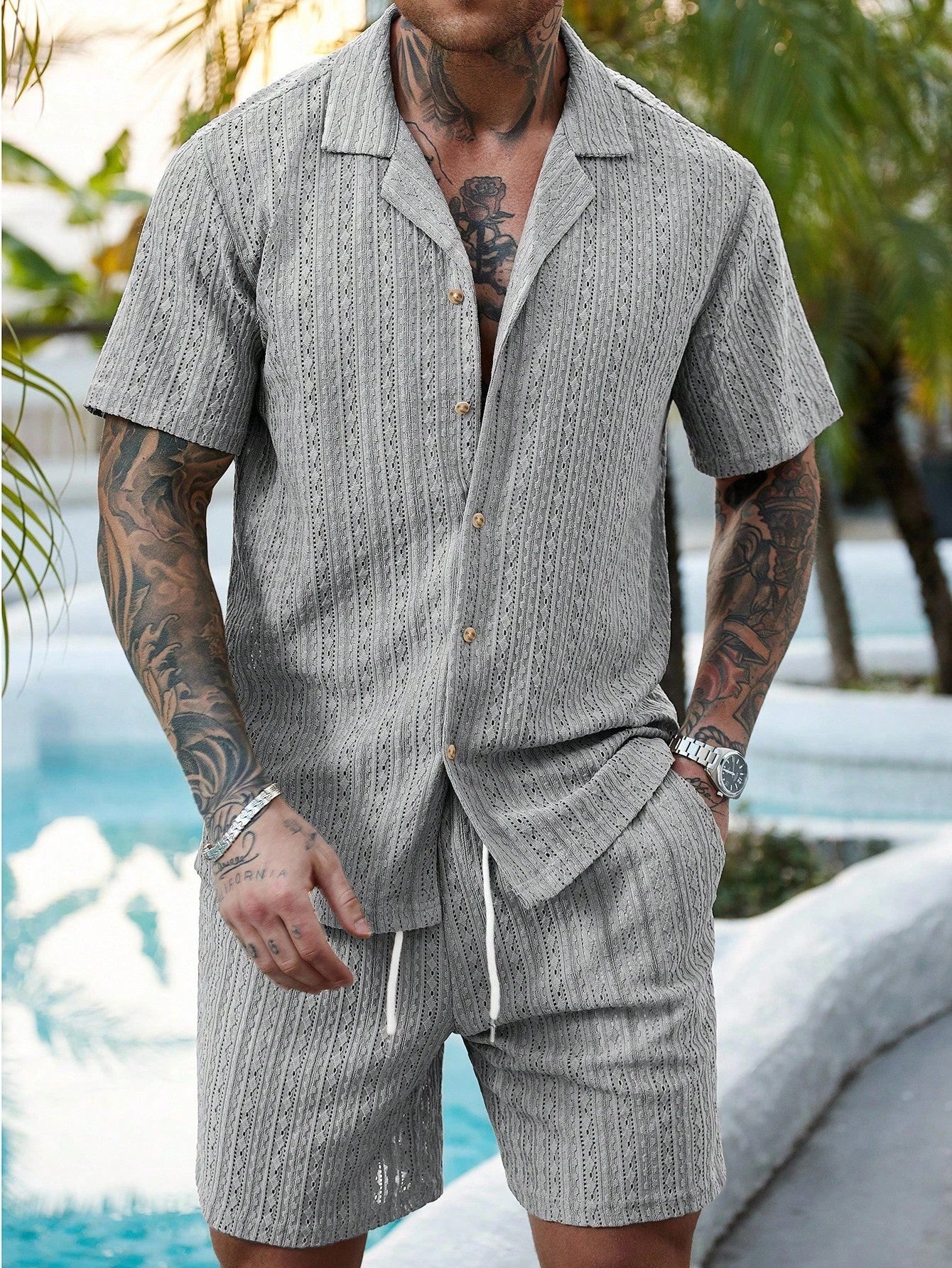 Men's Crochet Knit Shirt and Shorts Set - Breathable Summer Two-Piece Outfit