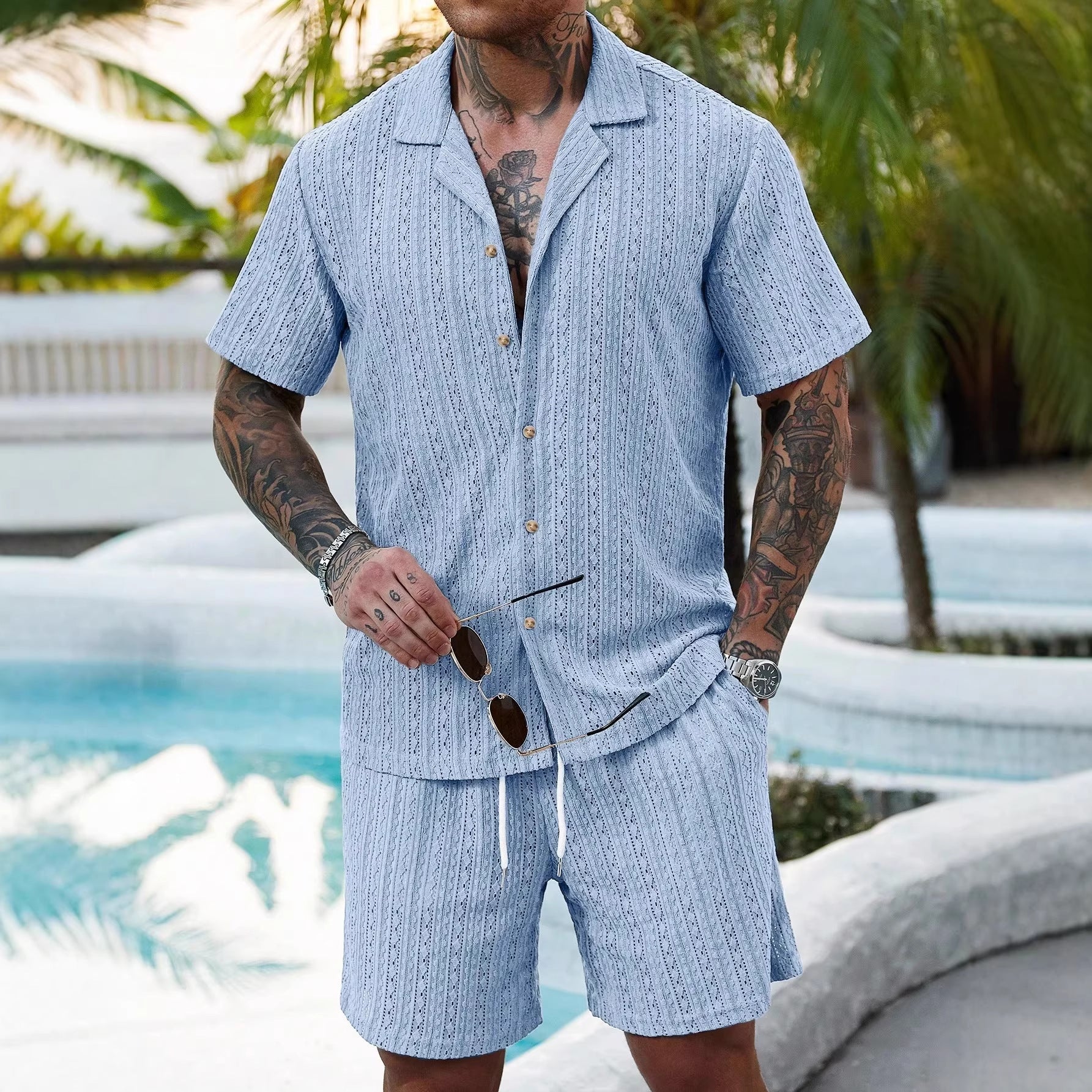 Men's Crochet Knit Shirt and Shorts Set - Breathable Summer Two-Piece Outfit