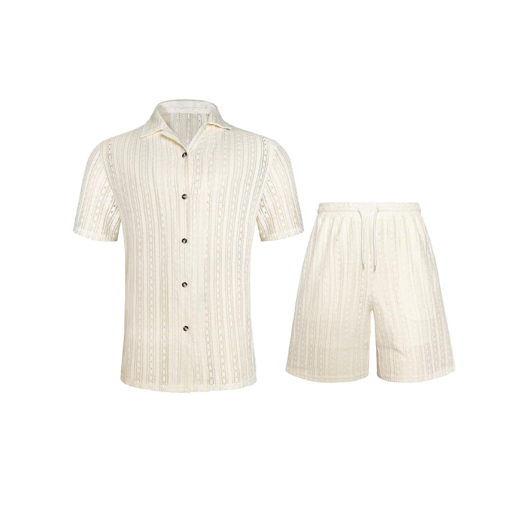 Men's Crochet Knit Shirt and Shorts Set - Breathable Summer Two-Piece Outfit