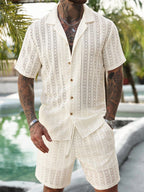 Men's Crochet Knit Shirt and Shorts Set - Breathable Summer Two-Piece Outfit