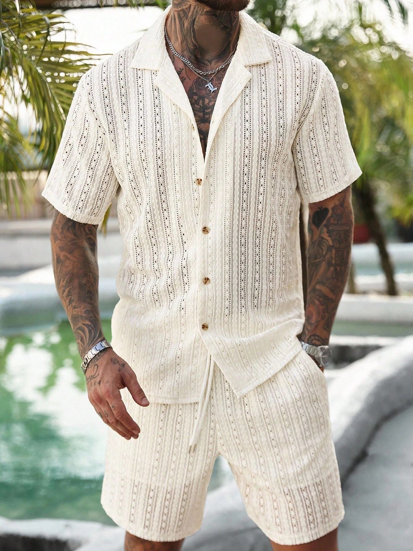 Men's Crochet Knit Shirt and Shorts Set - Breathable Summer Two-Piece Outfit