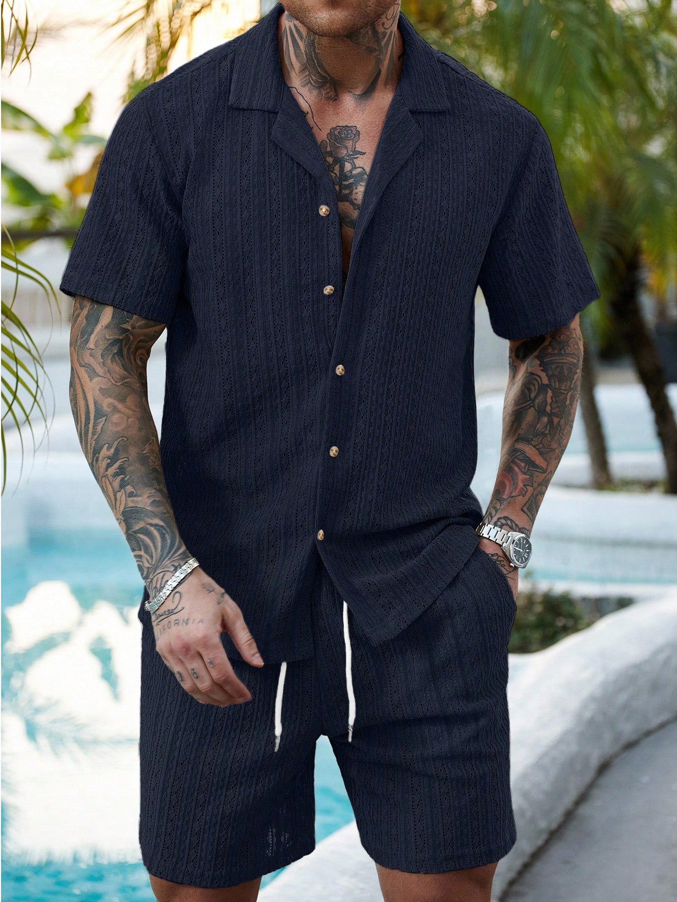 Men's Crochet Knit Shirt and Shorts Set - Breathable Summer Two-Piece Outfit