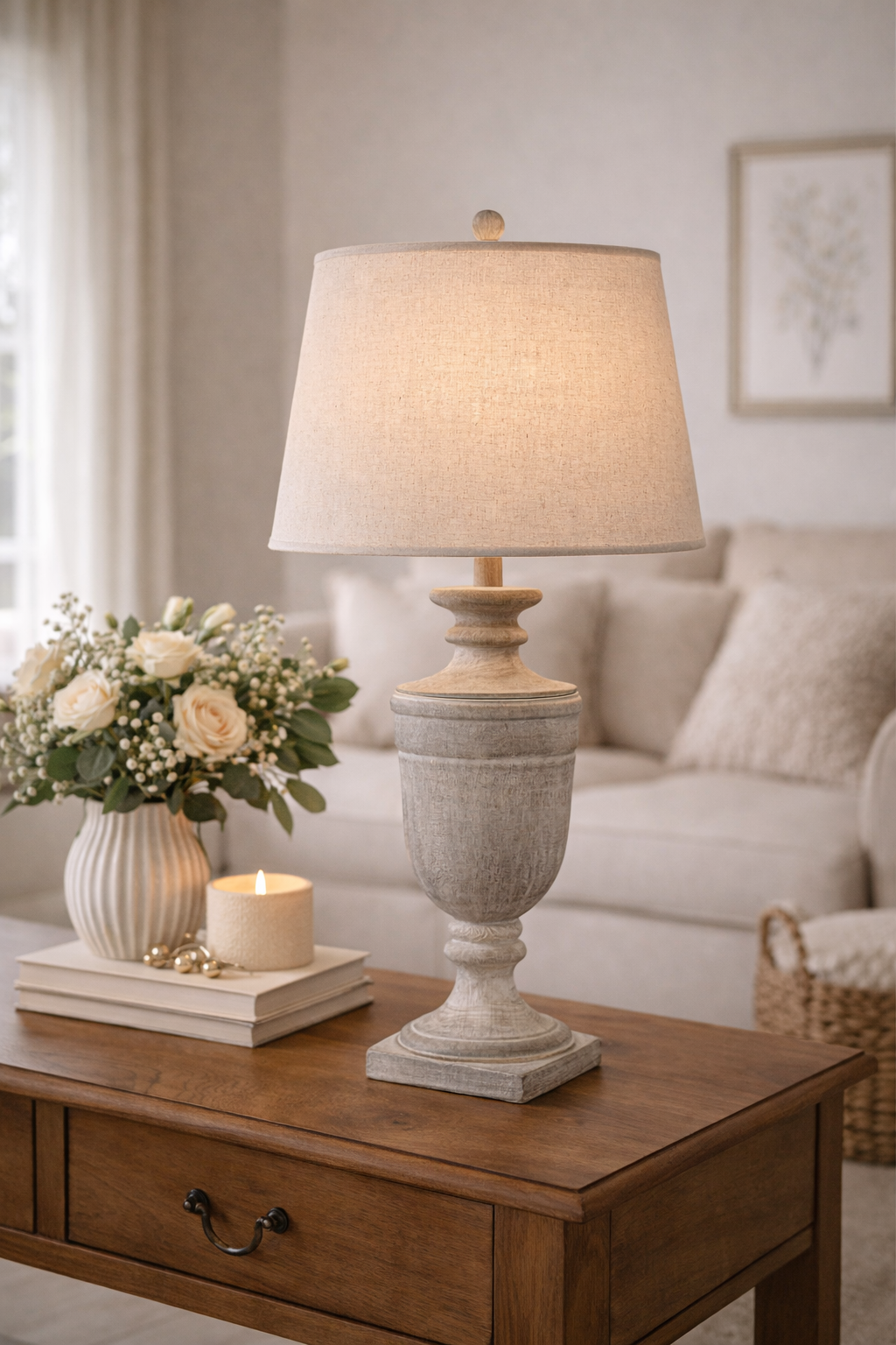 Textured Column Table Lamp with Linen Shade Modern Home Light