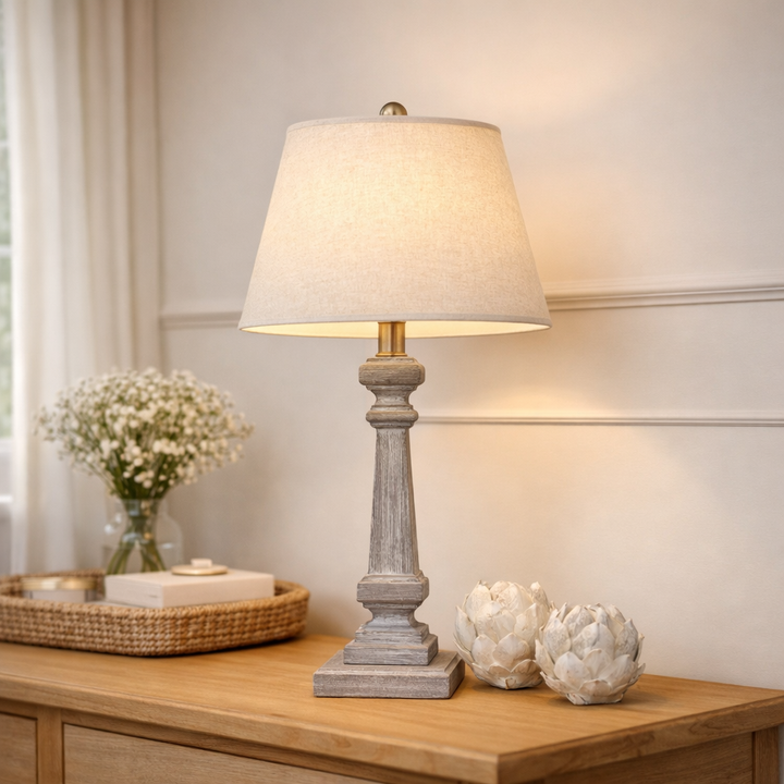Wooden Table Lamp with Linen Shade Bedside Rustic Home Light