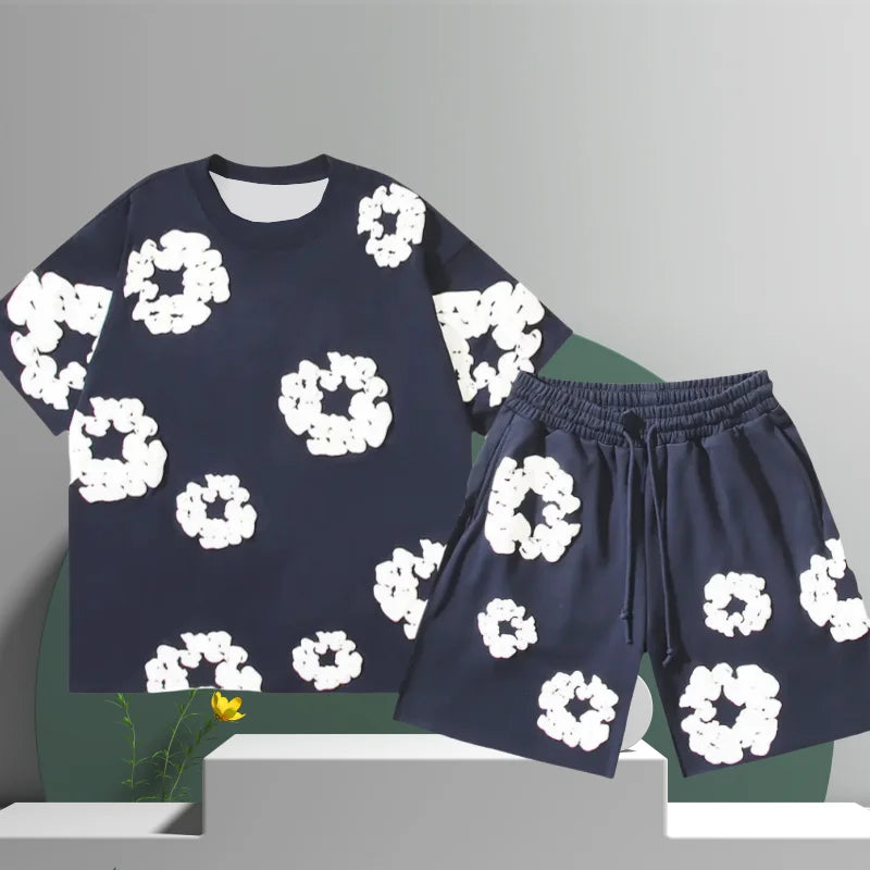 Men's Cotton Flower 3D Print Denim Shorts Set