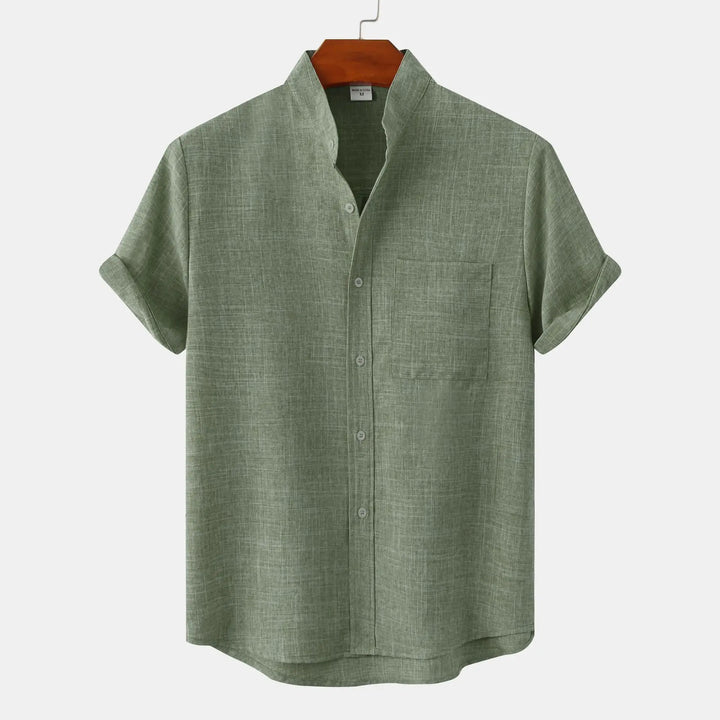 Men's Short Sleeve Collarless Button Up Shirt Linen Blend