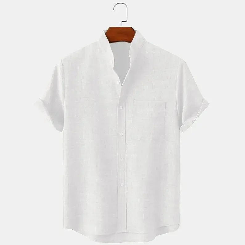 Men's Short Sleeve Linen Shirt Band Collar with Chest Pocket