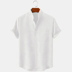 Men's Short Sleeve Linen Shirt Band Collar with Chest Pocket