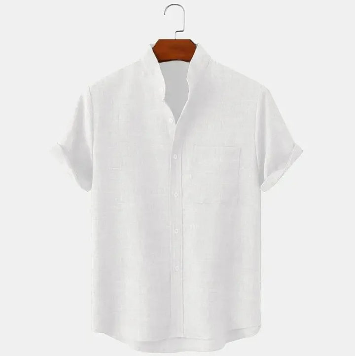 Men's Short Sleeve Linen Shirt Band Collar with Chest Pocket