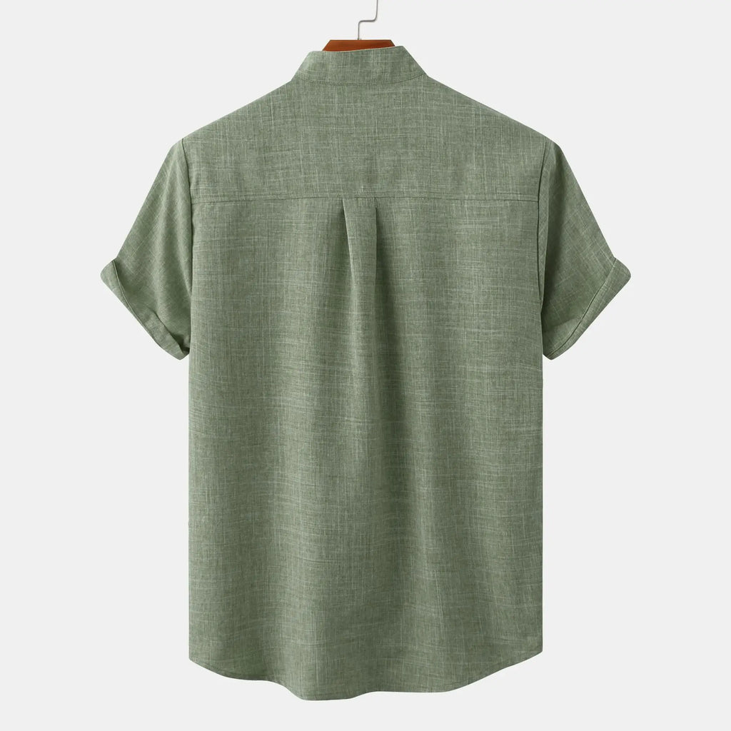 Men's Short Sleeve Collarless Button Up Shirt Linen Blend