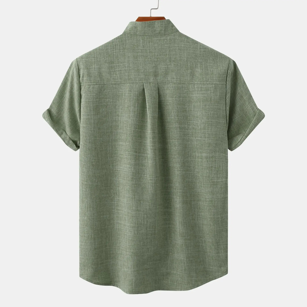 Men's Short Sleeve Collarless Button Up Shirt Linen Blend
