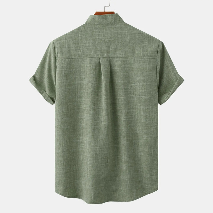 Men's Short Sleeve Collarless Button Up Shirt Linen Blend