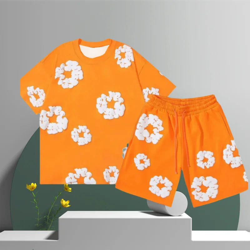 Men's Cotton Flower 3D Print Denim Shorts Set