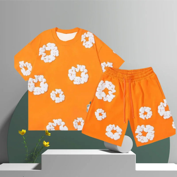 Men's Cotton Flower 3D Print Denim Shorts Set