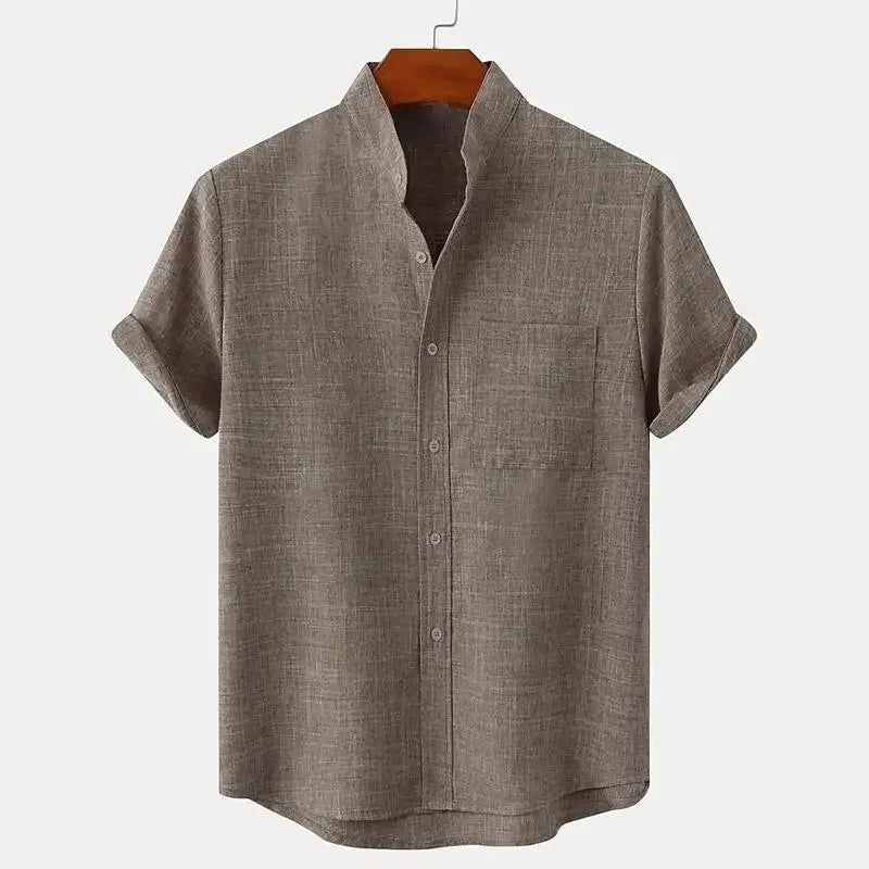Men's Short Sleeve Linen Shirt Band Collar with Chest Pocket