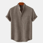 Men's Short Sleeve Linen Shirt Band Collar with Chest Pocket
