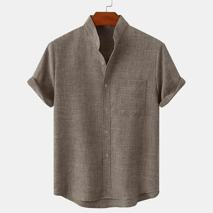 Men's Short Sleeve Linen Shirt Band Collar with Chest Pocket