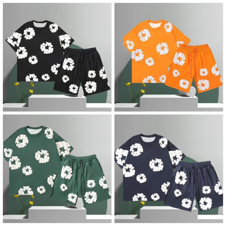 Men's Cotton Flower 3D Print Denim Shorts Set