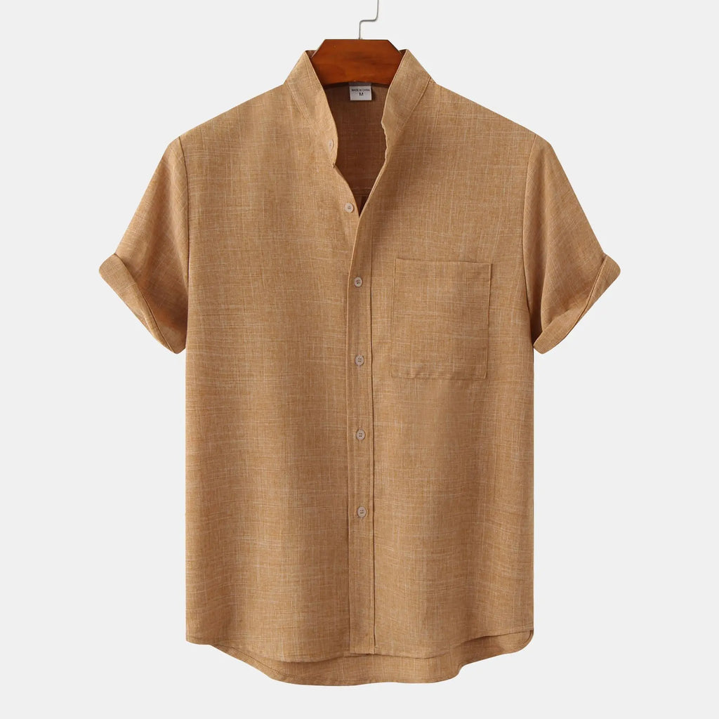Men's Short Sleeve Collarless Button Up Shirt Linen Blend