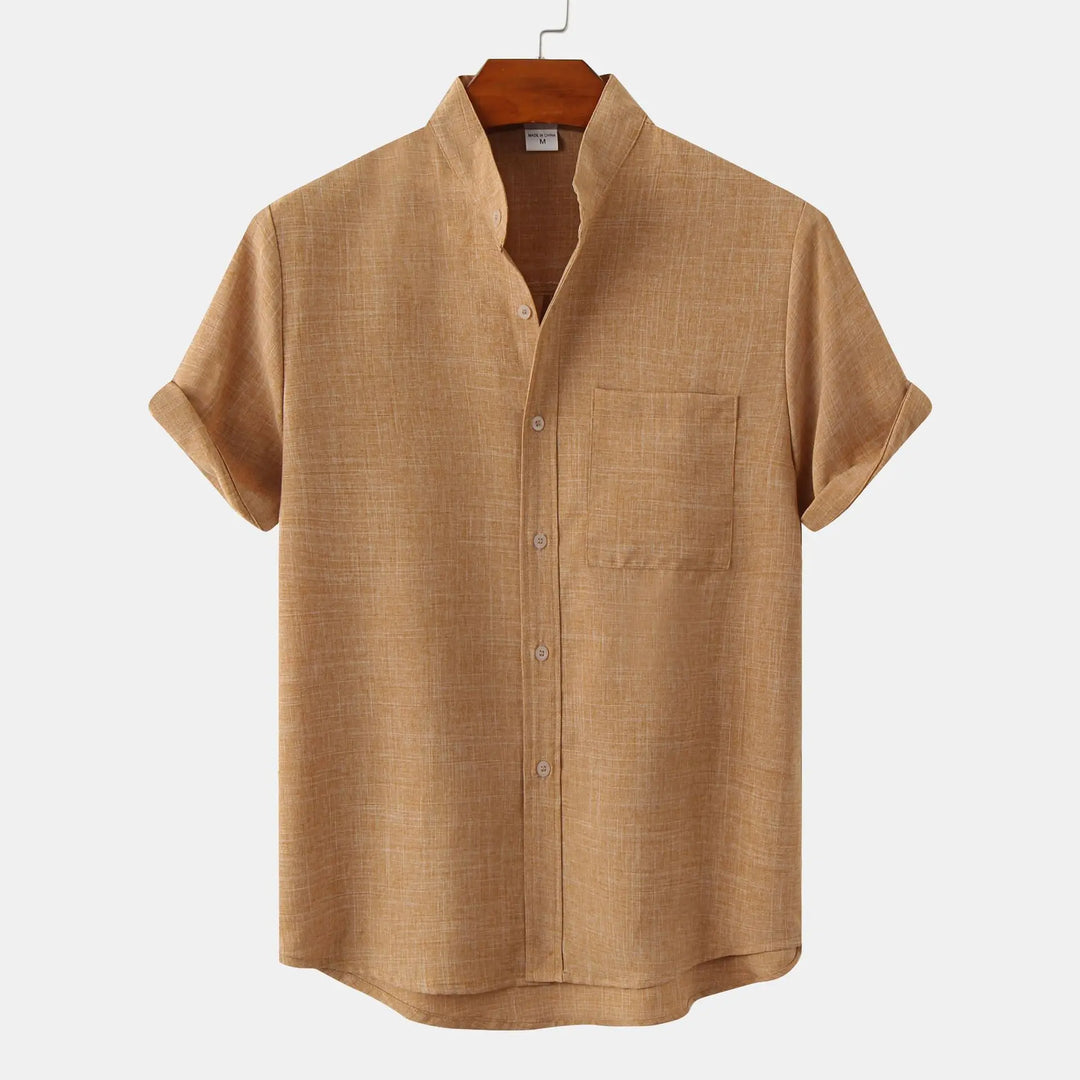 Men's Short Sleeve Collarless Button Up Shirt Linen Blend