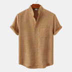 Men's Short Sleeve Collarless Button Up Shirt Linen Blend
